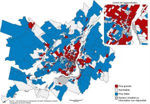 Carte 1: Proportion de familles monoparentales dans le quartier par rapport à la proportion dans l'ensemble de la région métropolitaine