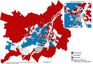 Carte 3 : Proportion de familles à couple en union libre dans le quartier par rapport à la proportion dans l’ensemble de la région métropolitaine